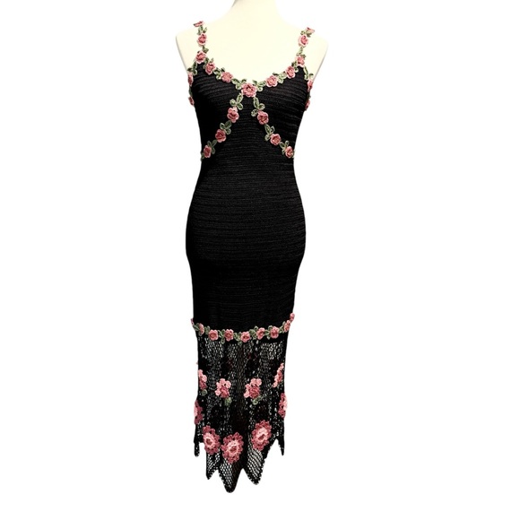 Y2K Black Crochet Floral Dress by Cachet - Size S - Picture 2 of 13